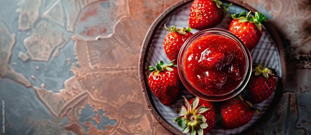 Poster top view of homemade strawberry jam in a glass jar presented with fresh berries on a plate, set agai