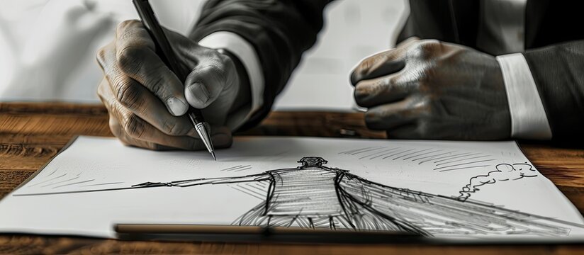 A businessman is sketching a concept with a rescue theme depicting a victim and an aggressor with copy space image.