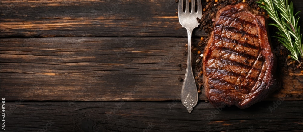 Aufkleber A top-down view of a fork holding a grilled ribeye beef steak on an aged table with a blank space for your text in the image