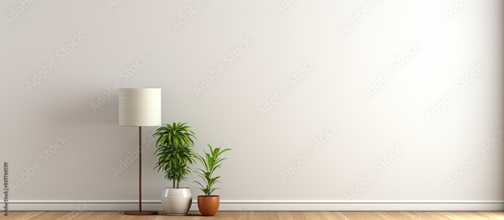Poster empty room wall mockup featuring a lamp and a plant with copy space image.
