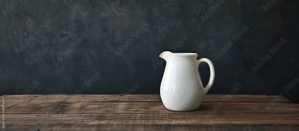 Poster a jug of milk sitting on a dark wooden table with copy space image available.