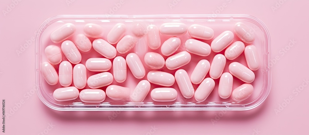 Poster Top view of pills in a blister pack on a pink background with ample space for additional imagery.