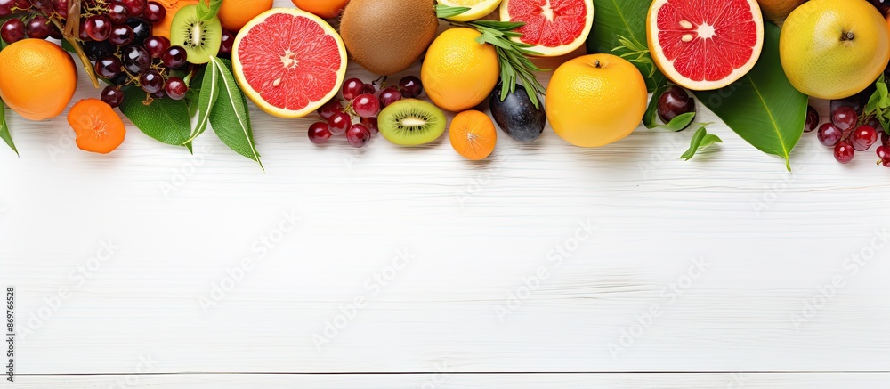 Poster flat lay composition of exotic fruits on a white wooden backdrop, offering ample copy space image.