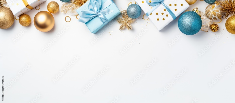 Poster blue and gold gift boxes and decorations create a festive christmas frame on a white background with