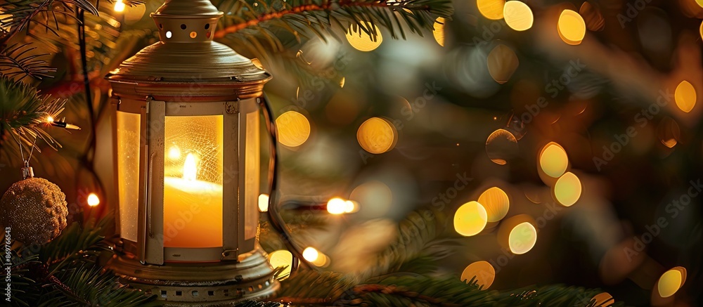 Aufkleber Close-up image of a Christmas lantern with a lit candle placed on an indoor fir tree, providing copy space for text.