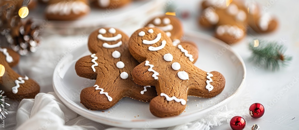 Poster classic christmas gingerbread men cookies are arranged on a stylish setup with trendy lighting and a