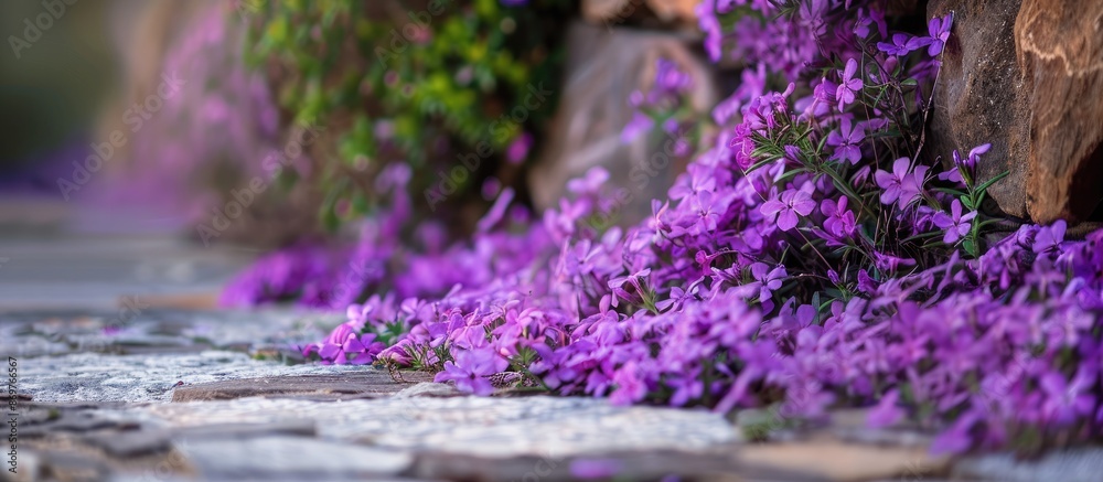 Poster Purple flowers bloom in the pine courtyard, creating a serene backdrop with ample copy space image.