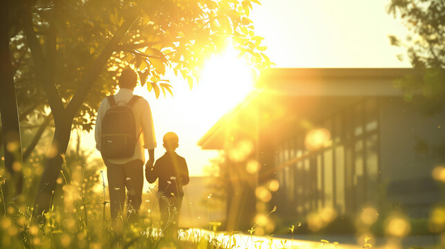 Happy family: father take his son to school in the morning, daily routine 