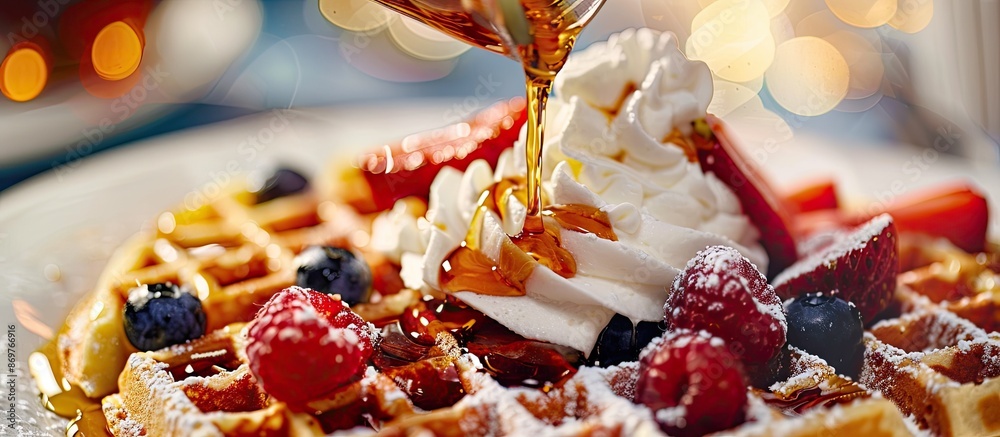 Aufkleber close-up image of pouring maple syrup onto waffle with fruit and whipped cream, providing copy space