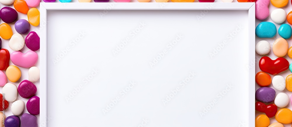 Aufkleber colorful candy pebbles arranged in a frame with a white copy space image in the center.