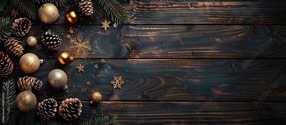 Poster Top view of a Christmas-themed wooden background adorned with pinecones and golden balls, representing a New Year concept, featuring copy space image.