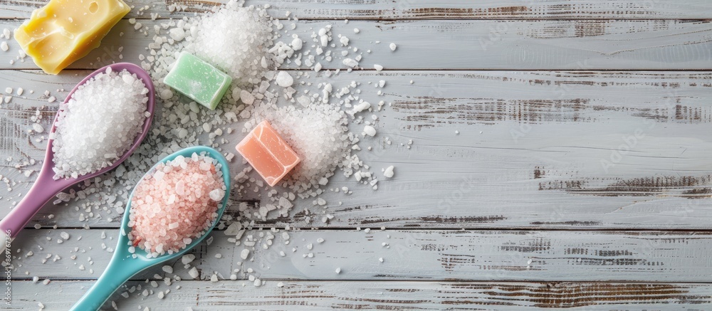 Poster A white wooden surface with sea salt on two spoons and colorful soap is pictured from above, providing room for text or other elements in the image.