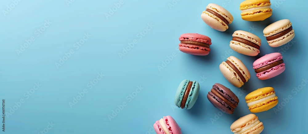 Poster Macarons displayed on a blue backdrop with an area for your own content known as copy space image.