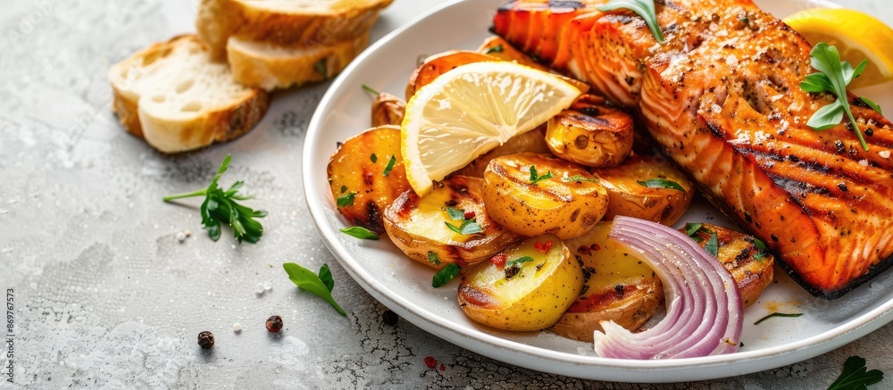 Poster salmon dish marinated with onion, served with bread and boiled potatoes, all against a simple backgr