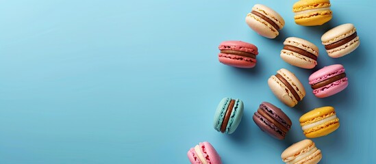 Macarons displayed on a blue backdrop with an area for your own content known as copy space image.