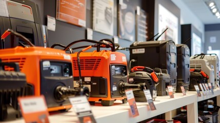 Fototapeta premium Showroom Display with Multiple Gasoline Generators from Various Brands - Organized and Informative