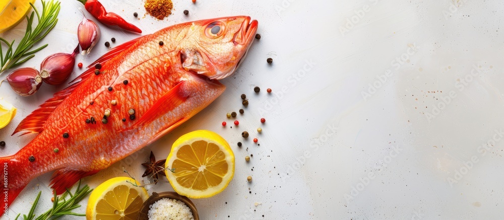 Poster red fish steak with lemon and spices on a light background, featuring a copy space image.