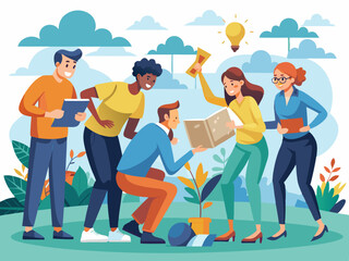 Colleagues participating in a team-building scavenger hunt