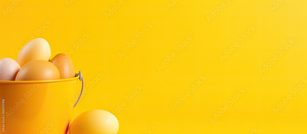 Poster Easter concept shown with a yellow egg in a bucket on a colorful background, ideal for copy space image.
