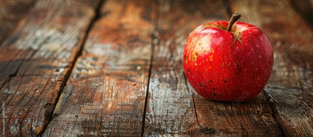 Poster An apple resting on a rustic wooden table with available copy space image.