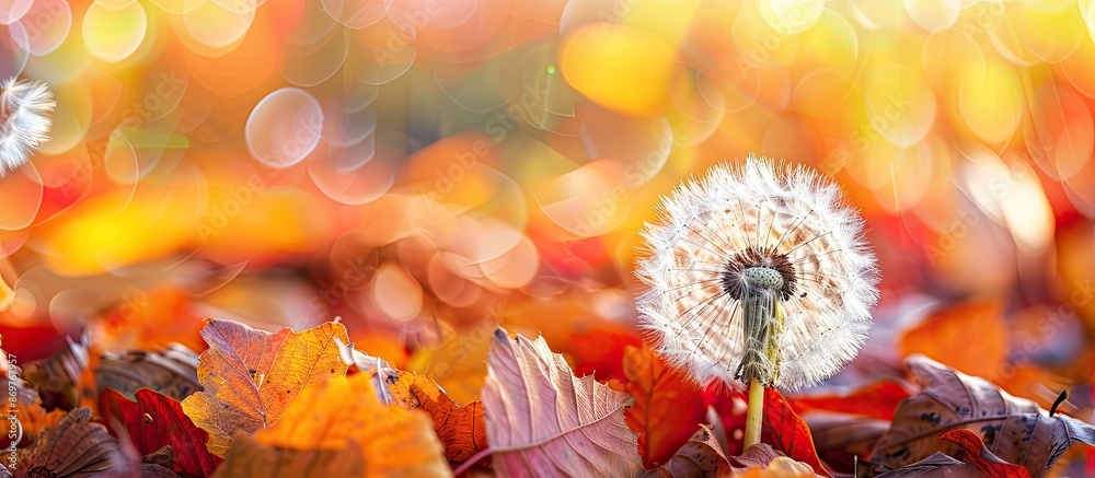 Aufkleber a dandelion in the fall season, set against a backdrop of colorful leaves, providing ample copy spac