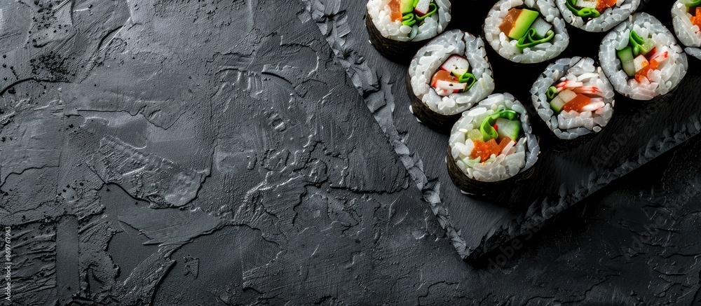 Poster uramaki sushi rolls displayed on a slate board with copy space image.