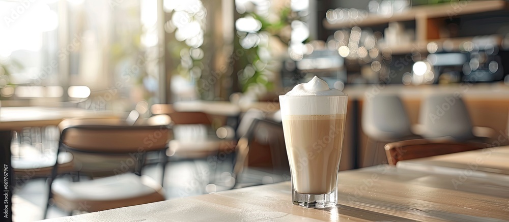 Poster A beautifully presented latte in a cafe with ample copy space on the table for customization of images.