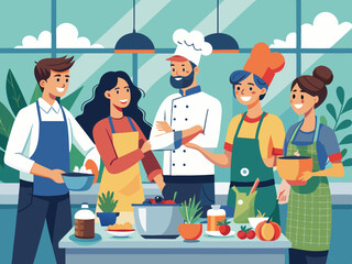 Workers participating in a team-building cooking class