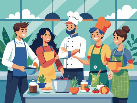 Workers participating in a team-building cooking class