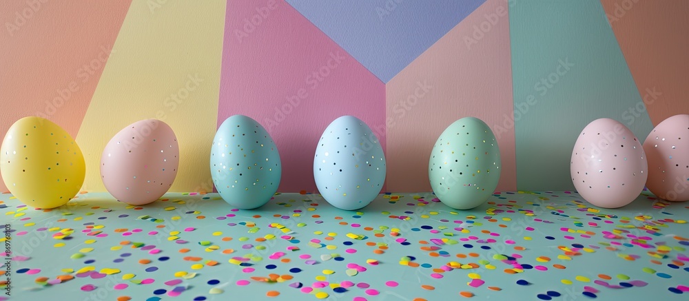 Aufkleber studio-lit plastic easter eggs in blue, green, yellow, and pink on a textured paper with confetti ag