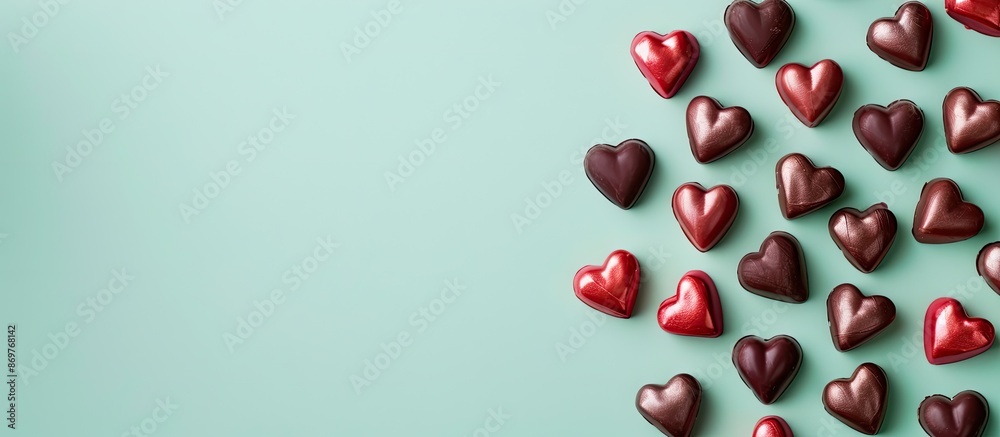 Poster valentine's-themed red and chocolate brown hearts set against a mint background create a decorative 