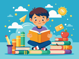 A child learning to read from basic to advanced books
