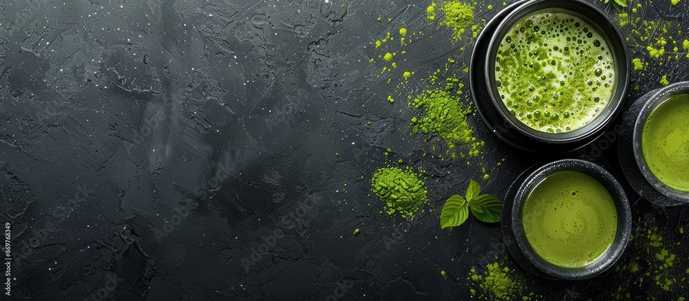 Aufkleber top view of a black background displaying a bowl of matcha tea powder beside cups filled with the dr