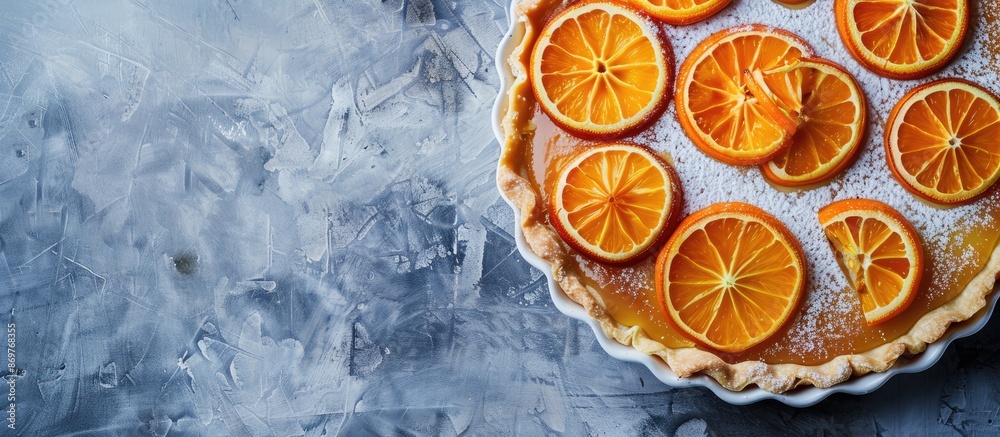 Poster an orange tart with caramelized slices on a gray backdrop, offering room for text or additional imag