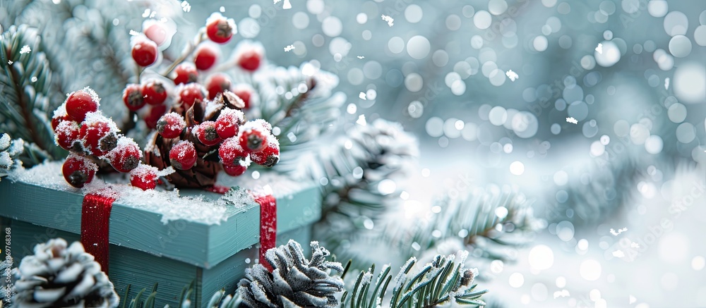 Poster snowy christmas box with rowan berries and pine cones, perfect for a festive copy space image.