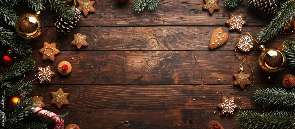 Poster christmas menu background with cookies, fir branches, and decorations arranged on an aged wooden tab