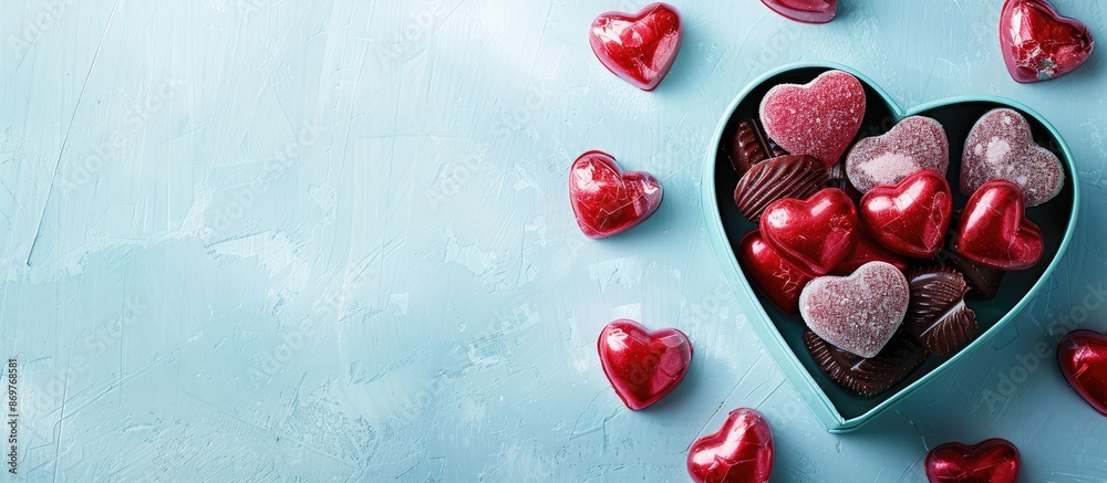Poster delicious heart-shaped candies in a box on a light blue backdrop with copy space image available.