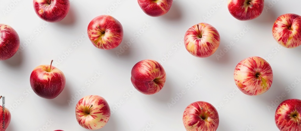 Aufkleber Multiple apples arranged on a clear white backdrop with a visible empty space for text or graphic elements, creating a copy space image.