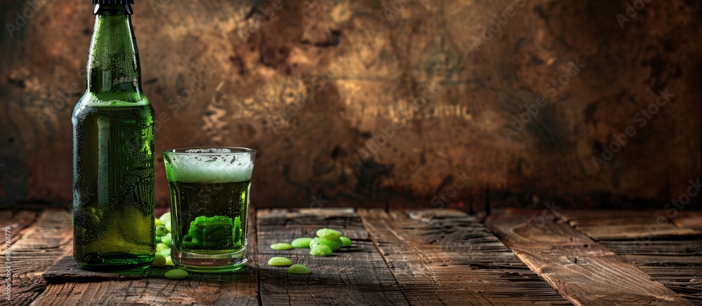 Poster bottle and glass of green beer displayed on a wooden background with copy space image.