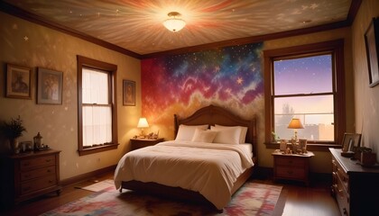 cute bedroom, dark wood, night star sky celing window, fluffy rug big bed, tye dye graffiti, swing