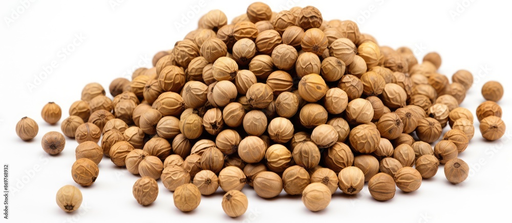 Poster coriander seeds isolated against white with copy space image.
