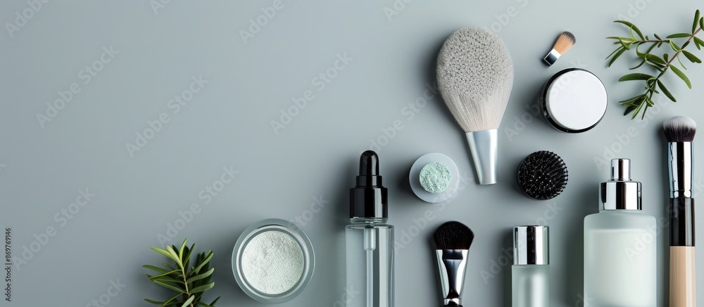 Poster Flat lay setup featuring beauty products on a gray backdrop with ample copy space image.