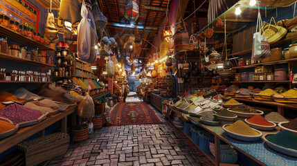 Fototapeta premium Bustling Bazaar: Marrakech's Kaleidoscope of Colors and Commerce