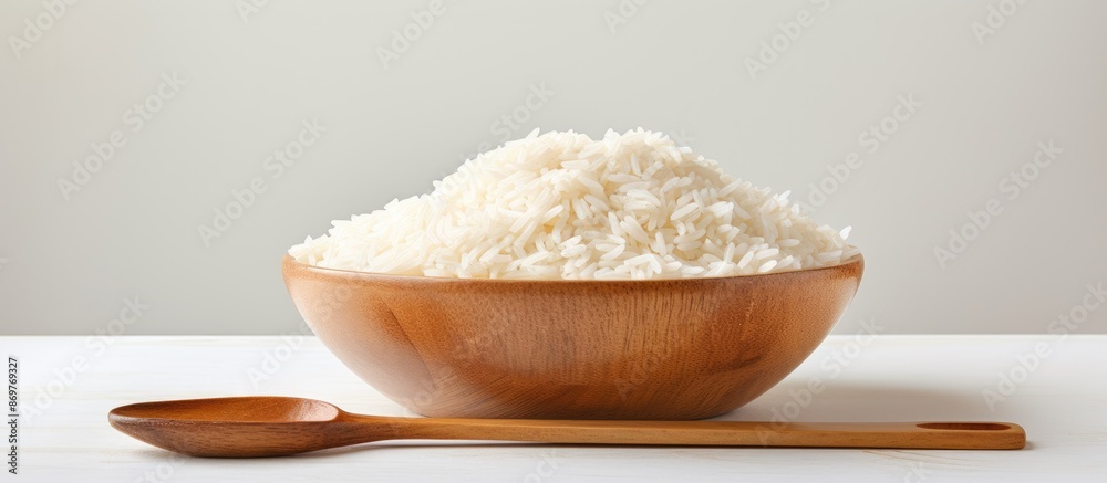 Poster a white bowl holds raw basmati rice with a wooden spoon on a light background, symbolizing water con