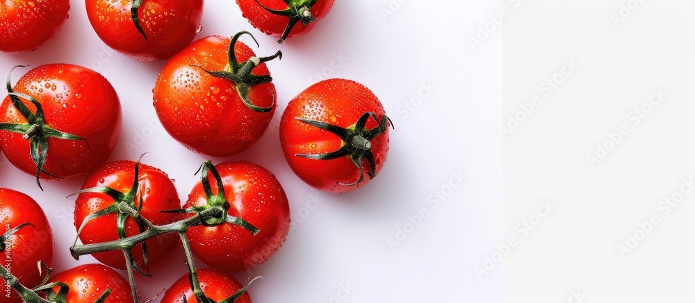 Poster fresh red tomatoes arranged with copy space image on a white background, showcasing their food compo