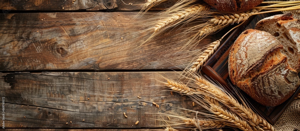 Poster wheat and bread are beautifully arranged on a vintage wooden surface with an open area to add text o