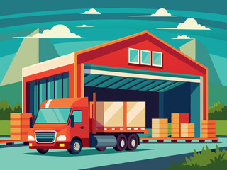 A truck loaded with cargo entering a warehouse