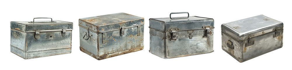 Set four metal boxes with various sizes shapes, metal box shape industrial