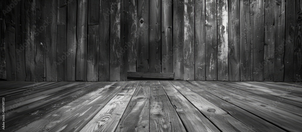 Poster vintage wooden background in black and white shades with open space for text, showcasing a rustic ba