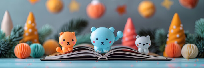 Obraz premium Cute toy animals on an open book with festive decorations, concept of playful storytelling and joy, Christmas